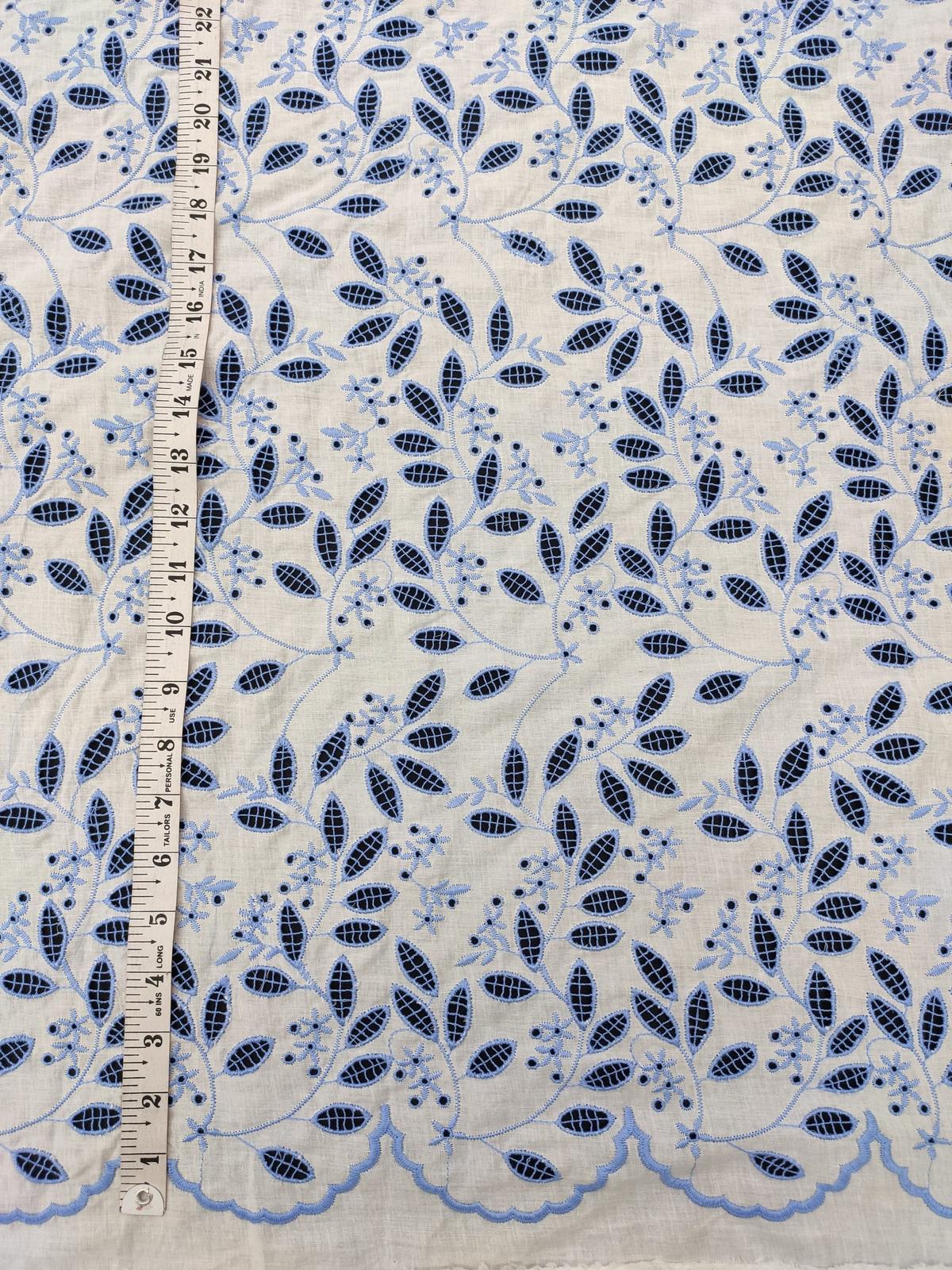 White RFD Cotton Embroidery Fabric – Blue Leaf All Over Design