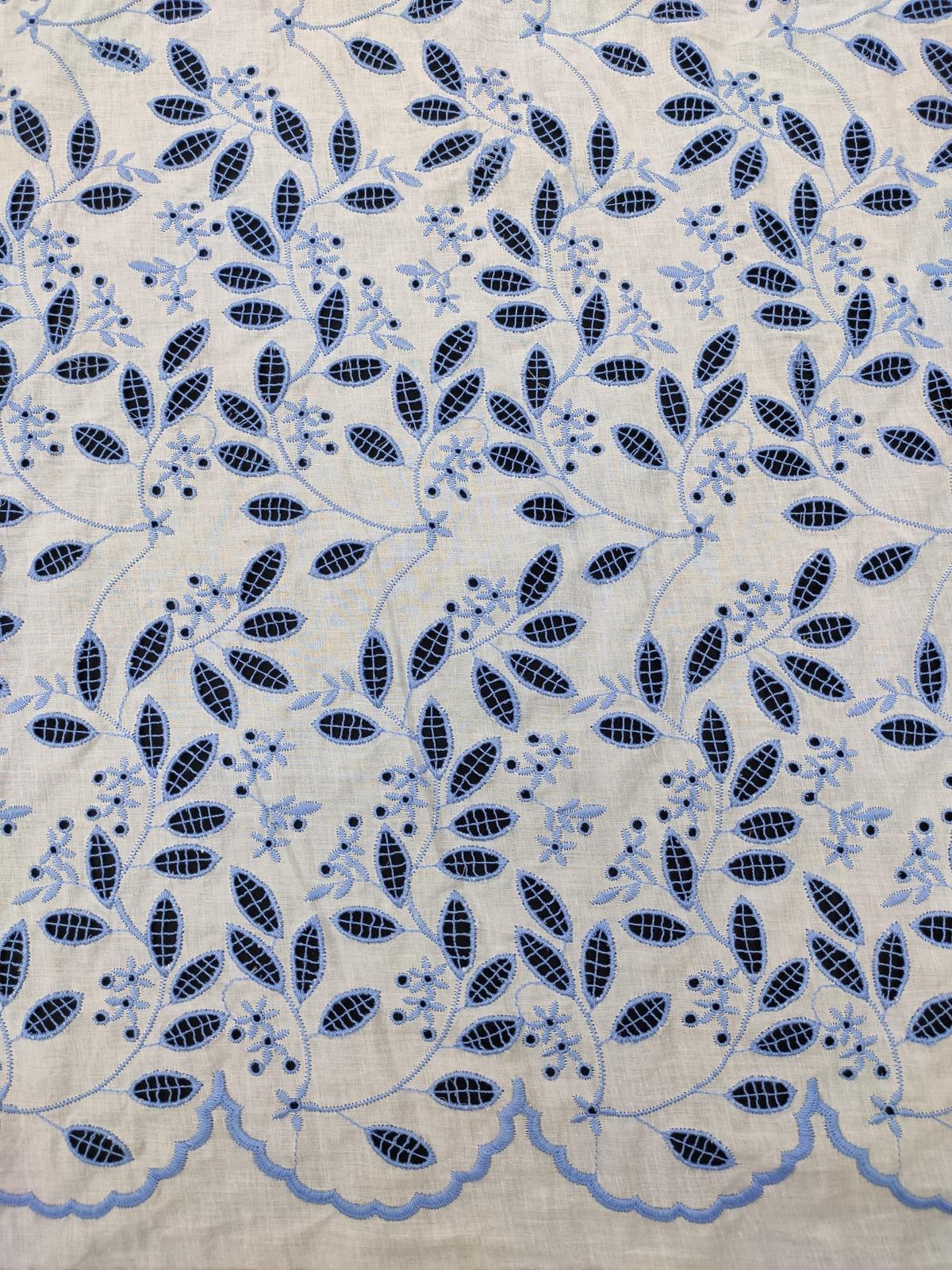 White RFD Cotton Embroidery Fabric – Blue Leaf All Over Design