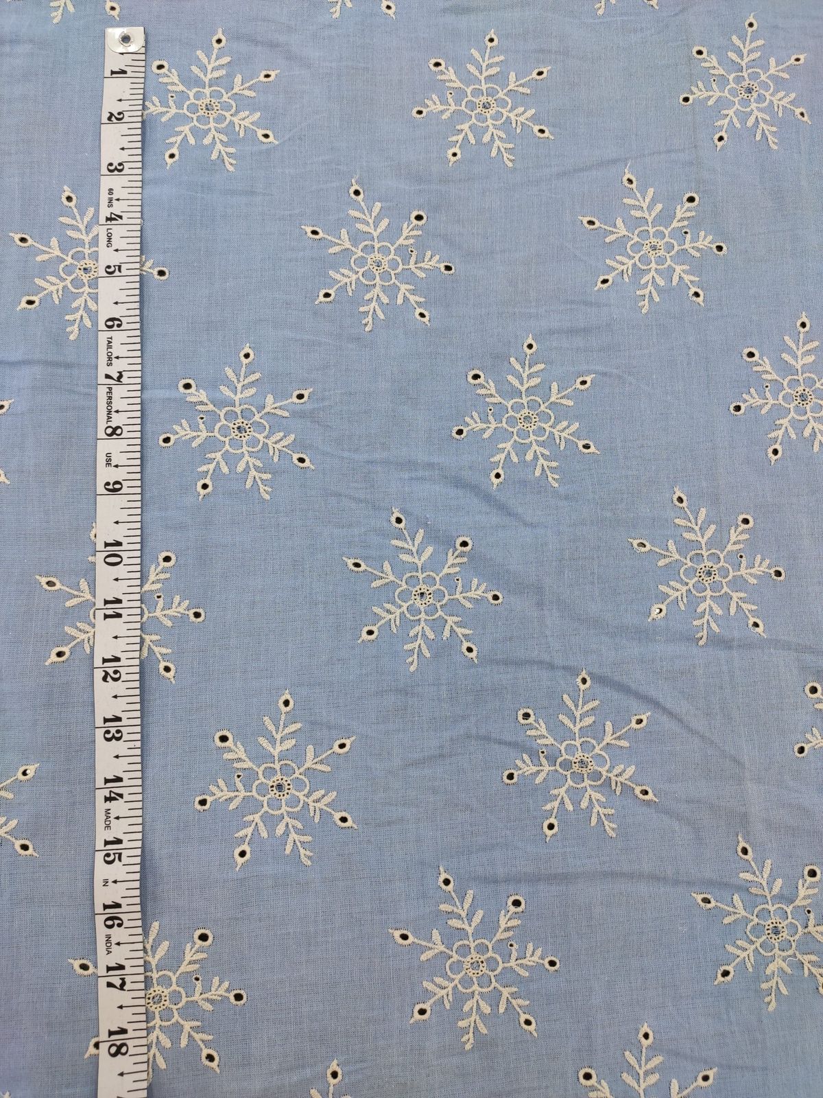 Sky Blue Cotton Chambray with Snowflake Embroidery