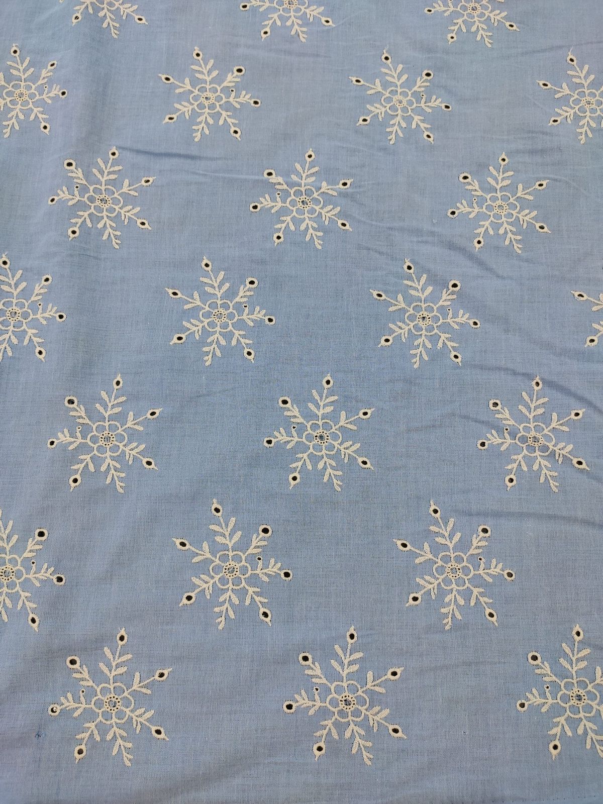 Sky Blue Cotton Chambray with Snowflake Embroidery