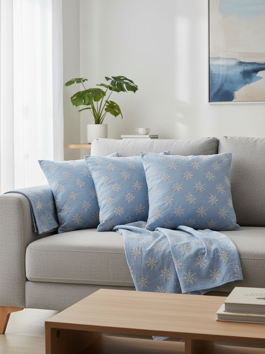Sky Blue Cotton Chambray with Snowflake Embroidery