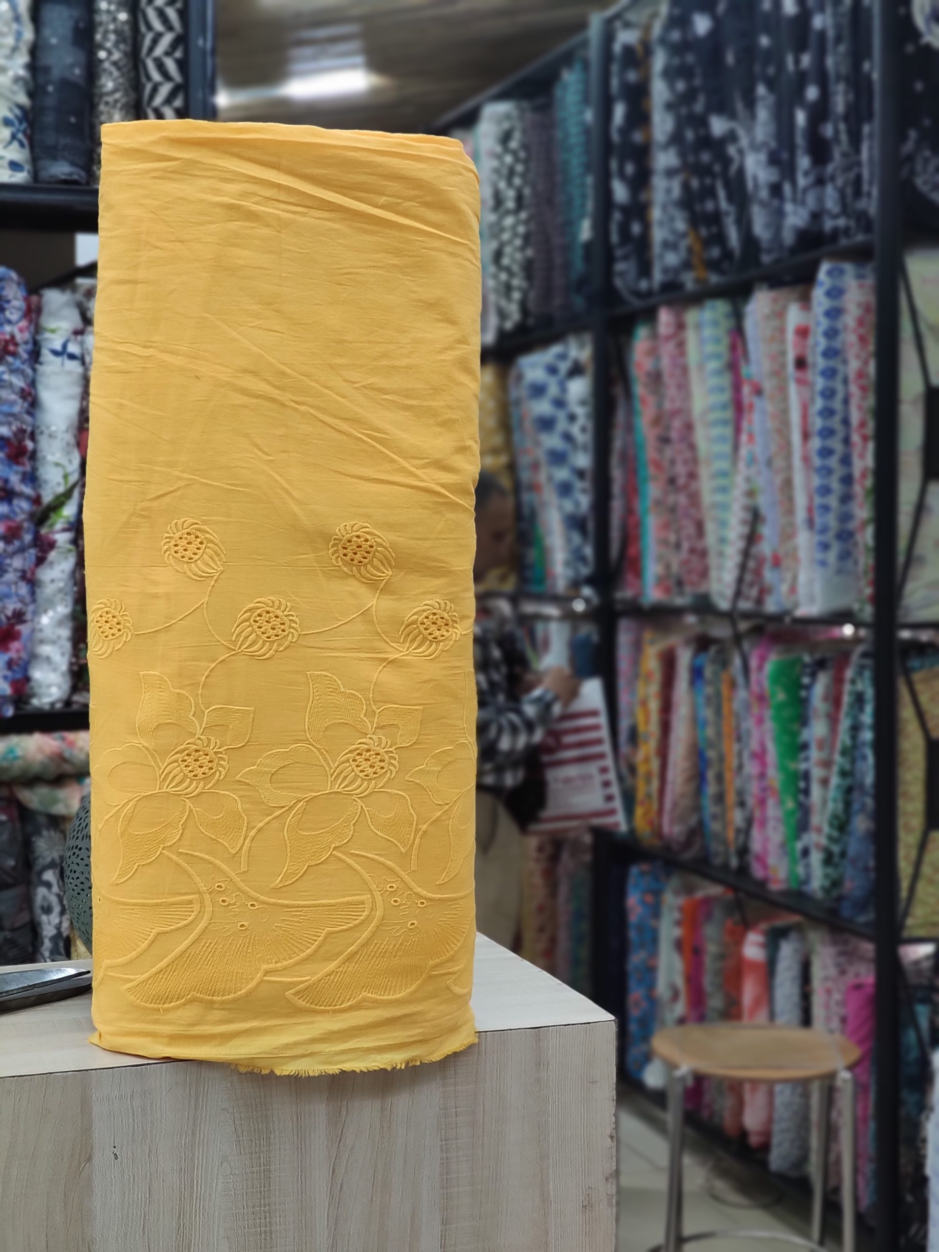 Yellow Cotton Cambric with Floral Border Embroidery | Charu Creation - Image 2