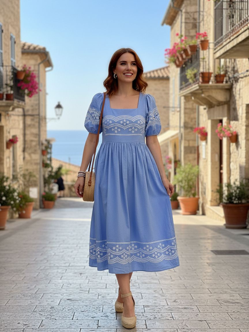 Sky Blue Cotton Chambray with White Scalloped Border