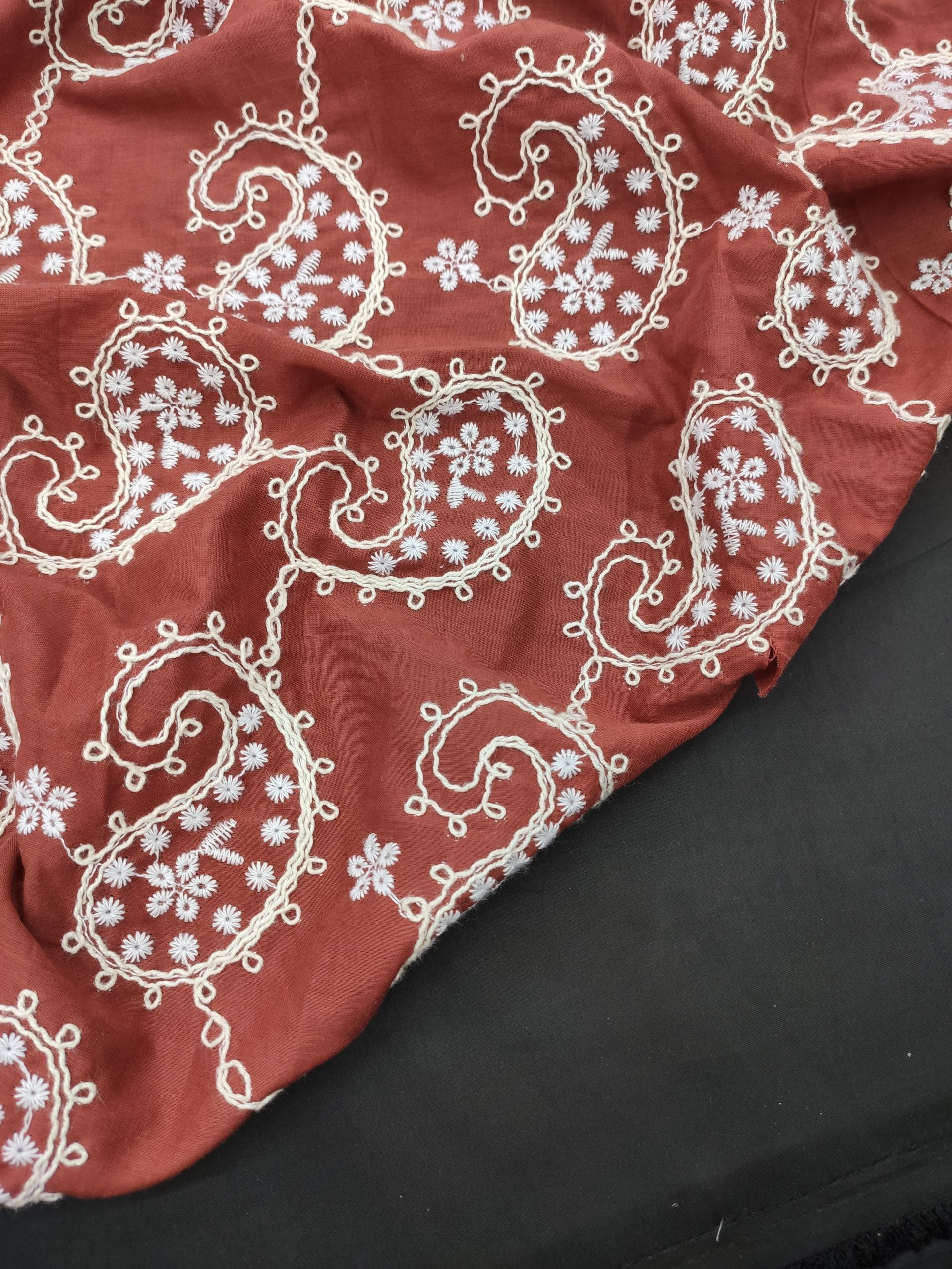 Rust Cotton Fabric with Off-White Paisley Embroidery | Charu Creation - Image 2