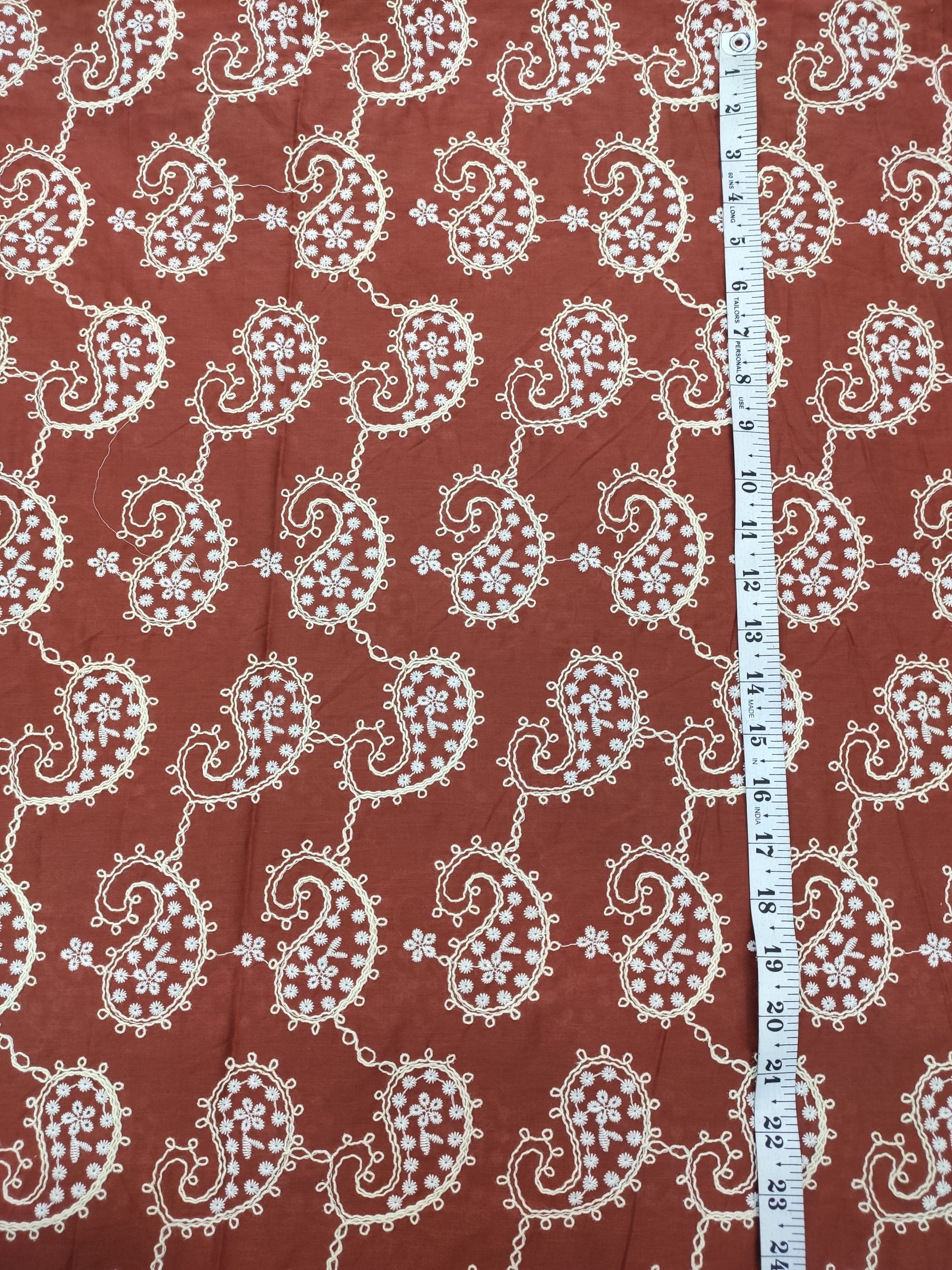 Rust Cotton Fabric with Off-White Paisley Embroidery | Charu Creation - Image 3