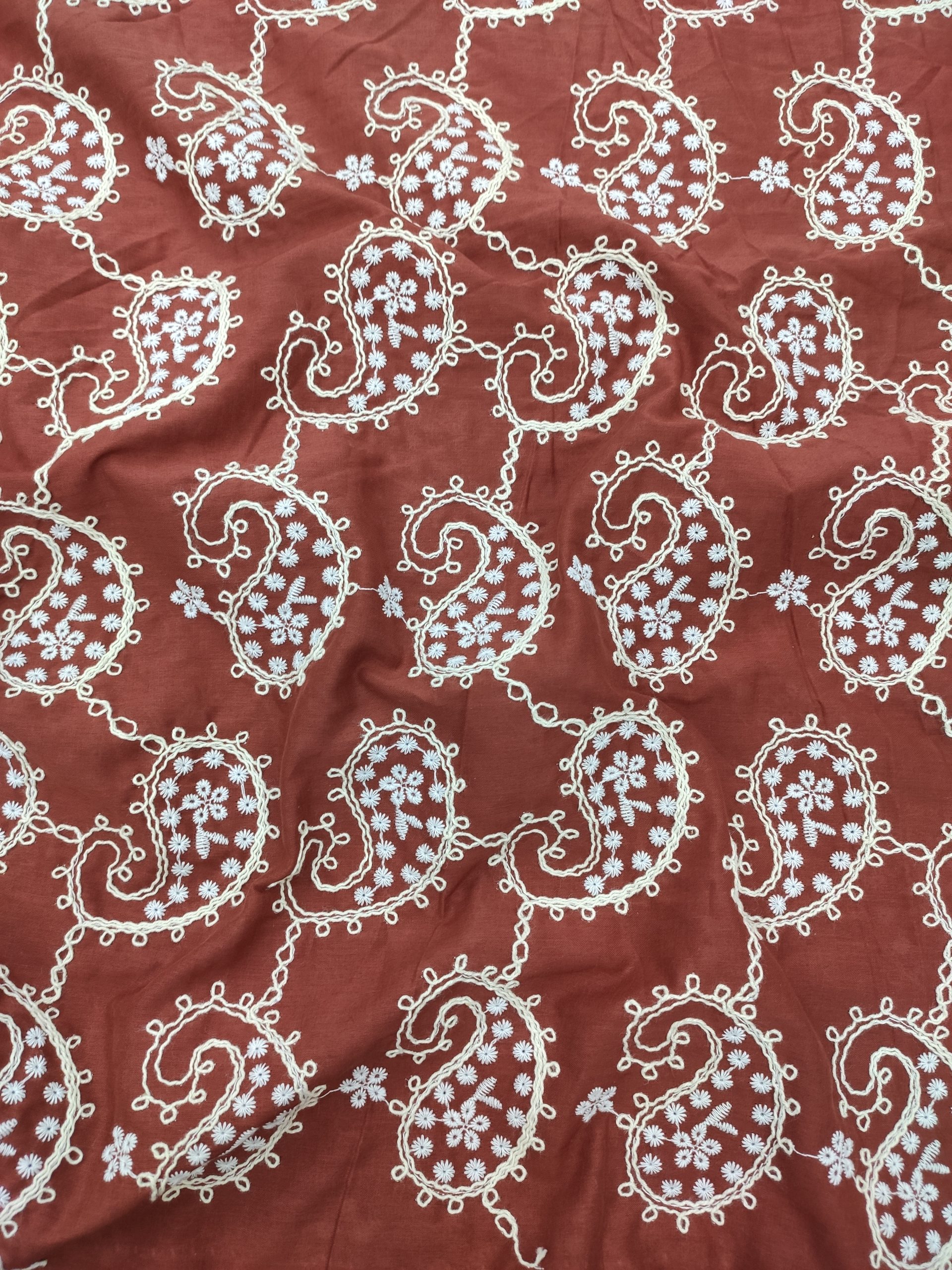 Rust Cotton Fabric with Off-White Paisley Embroidery | Charu Creation - Image 4