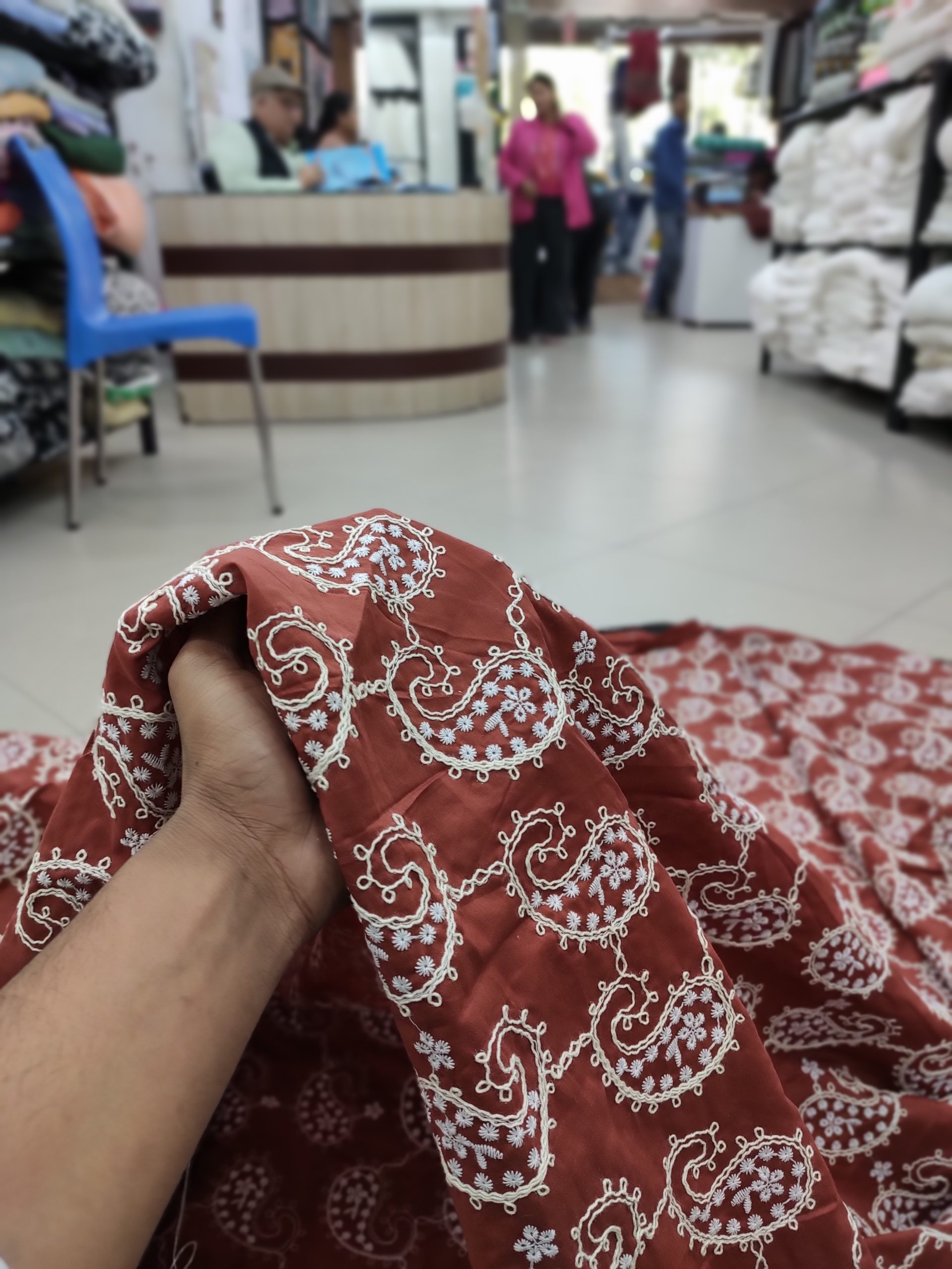 Rust Cotton Fabric with Off-White Paisley Embroidery | Charu Creation