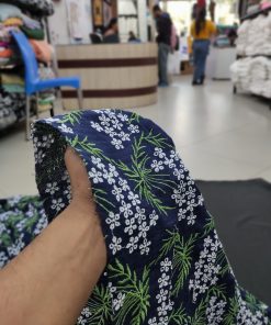 Navy Blue Nylon Viscose Dobby Fabric with All Over Floral Embroidery | Charu Creation