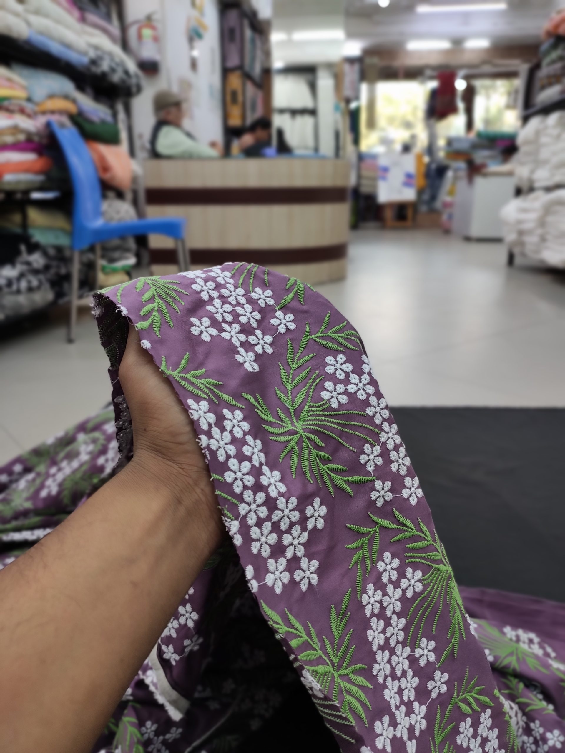 Purple Cotton with White & Green Floral Embroidery | Charu Creation