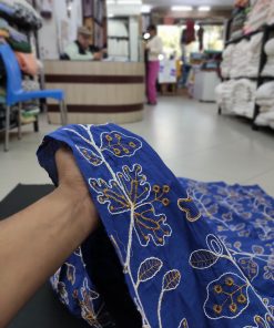 Blue Cotton Fabric with Floral Embroidery | Charu Creation