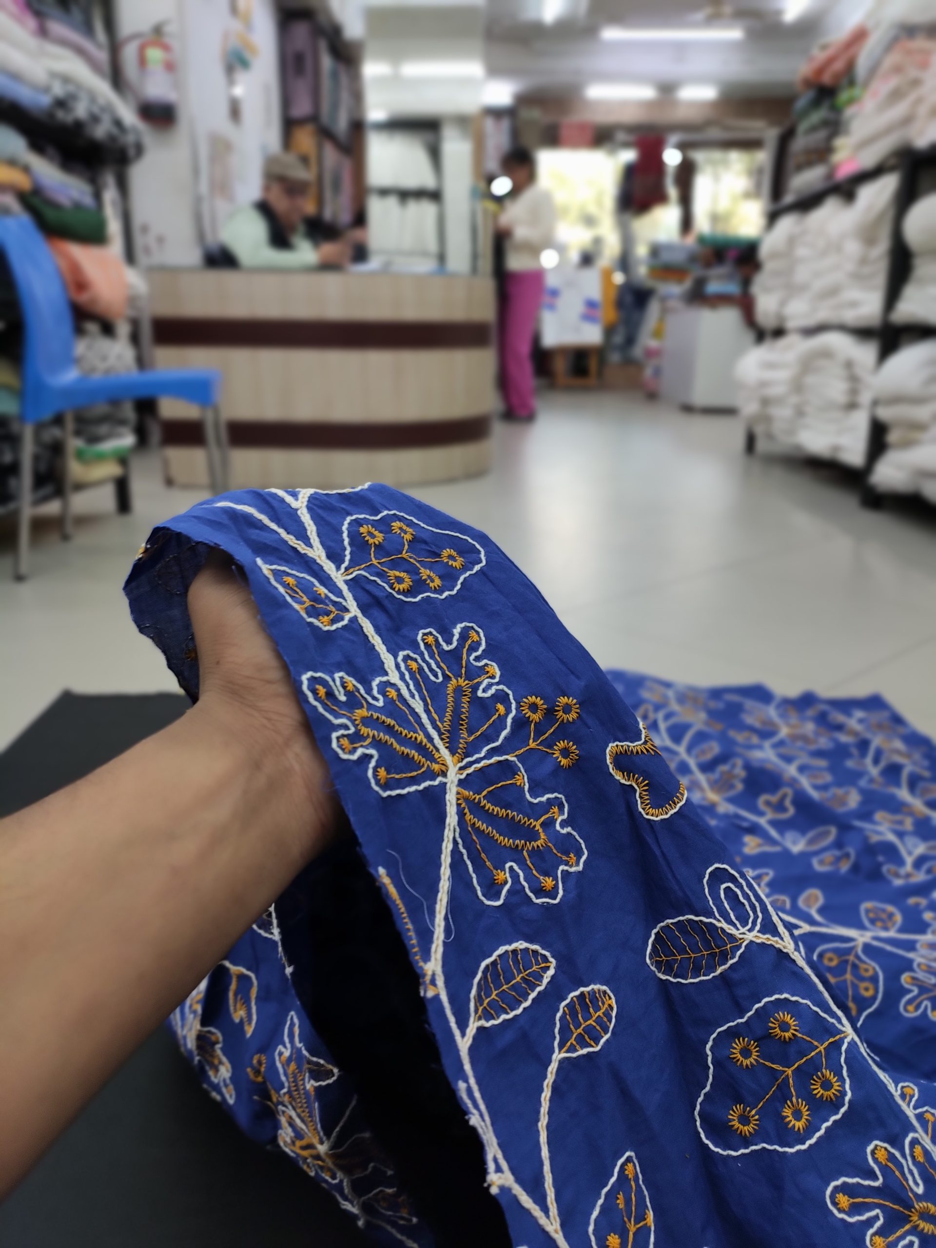 Blue Cotton Fabric with Floral Embroidery | Charu Creation