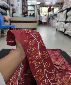 Maroon Cotton Fabric with Floral Vine Embroidery | Charu Creation