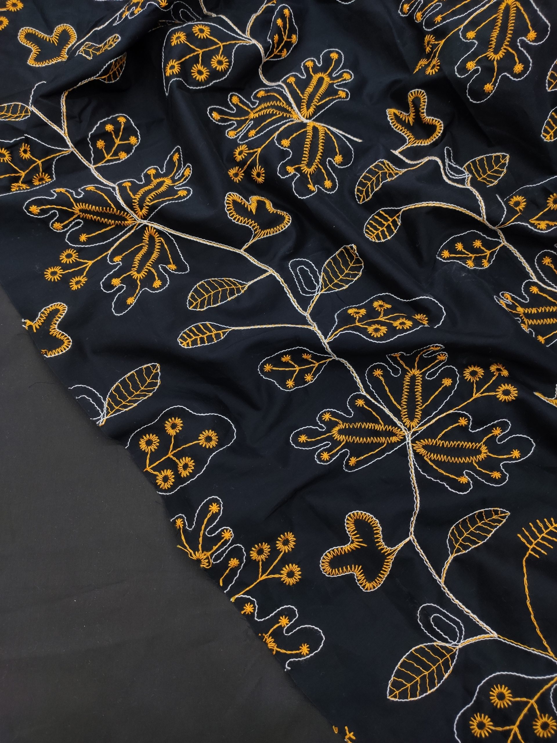 Black Cotton Fabric with Floral Embroidery | Charu Creation - Image 2
