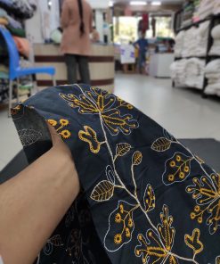 Black Cotton Fabric with Floral Embroidery | Charu Creation