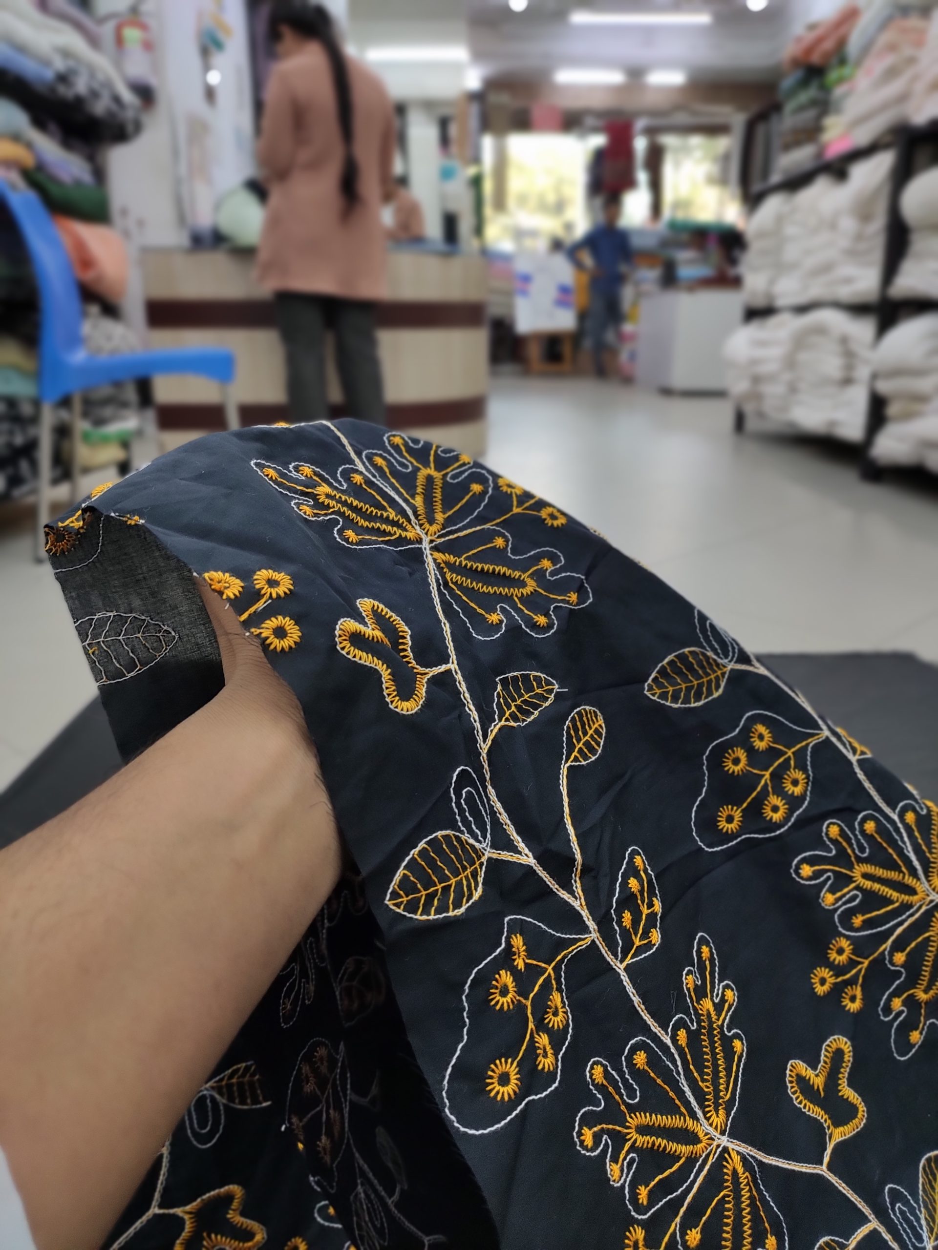 Black Cotton Fabric with Floral Embroidery | Charu Creation