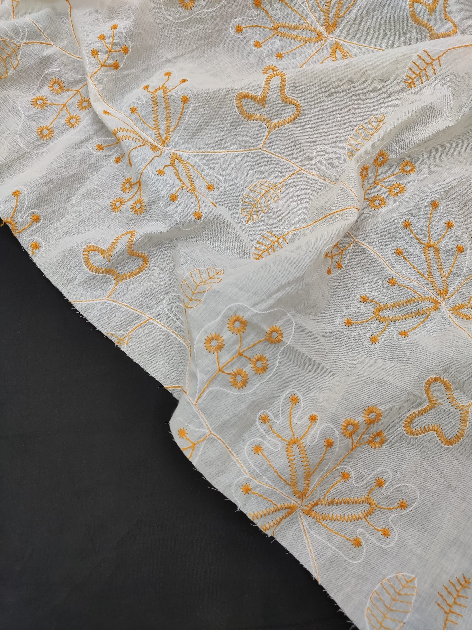 Cream Cotton Fabric with Mustard Floral Embroidery | Charu Creation - Image 2