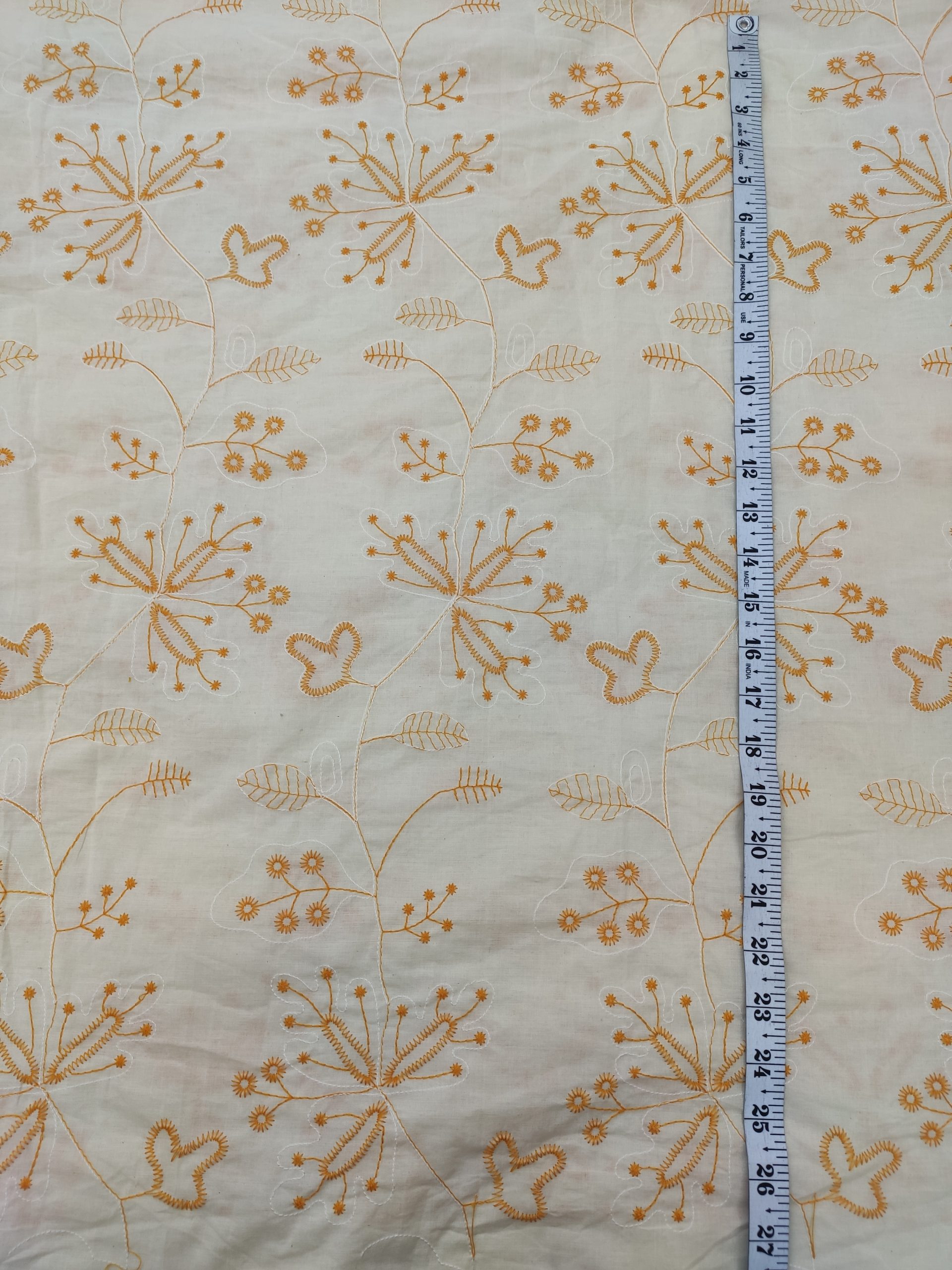 Cream Cotton Fabric with Mustard Floral Embroidery | Charu Creation - Image 3