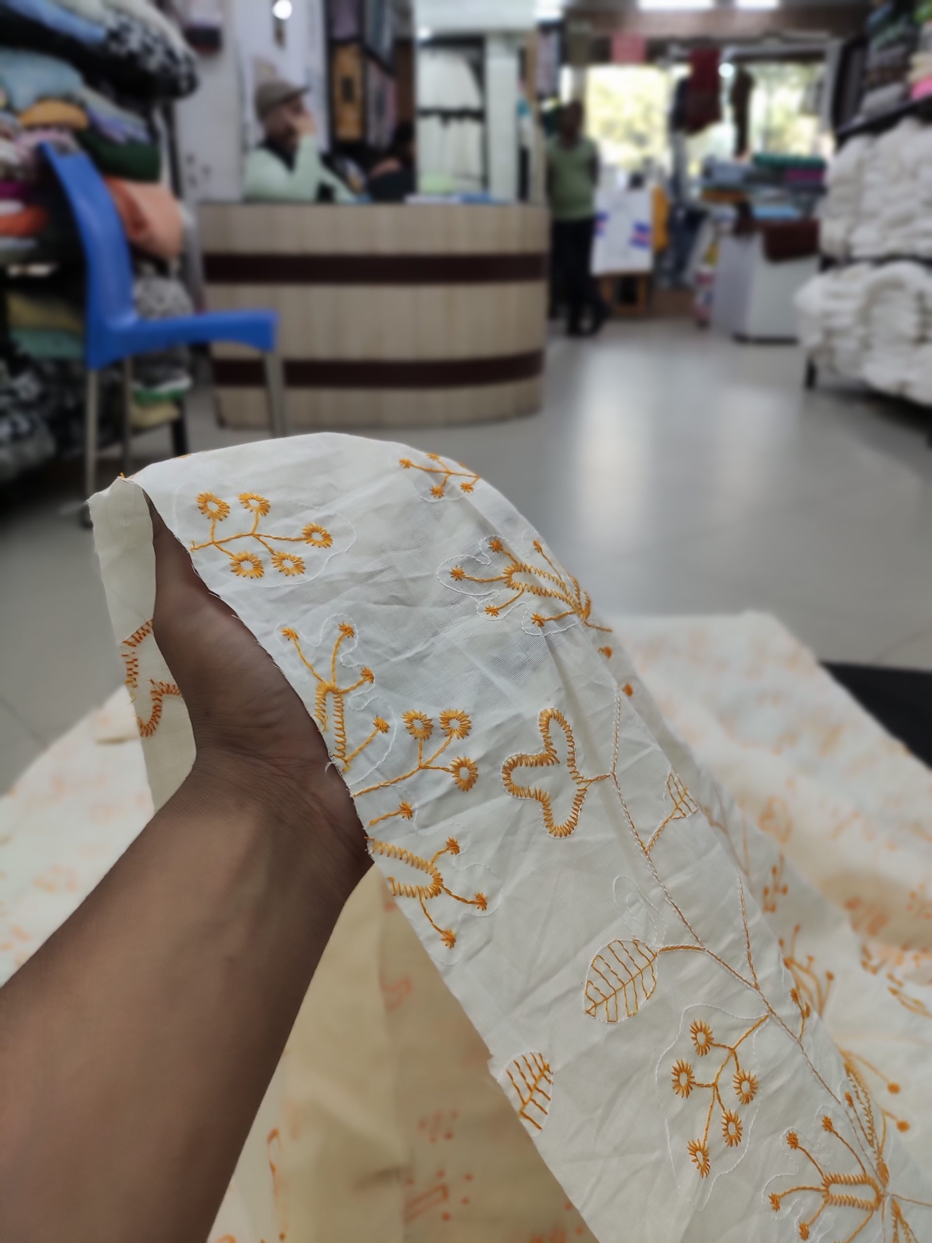Cream Cotton Fabric with Mustard Floral Embroidery | Charu Creation
