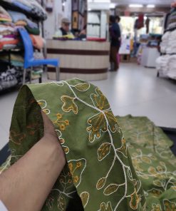 Olive Cotton Fabric with Floral Embroidery | Charu Creation
