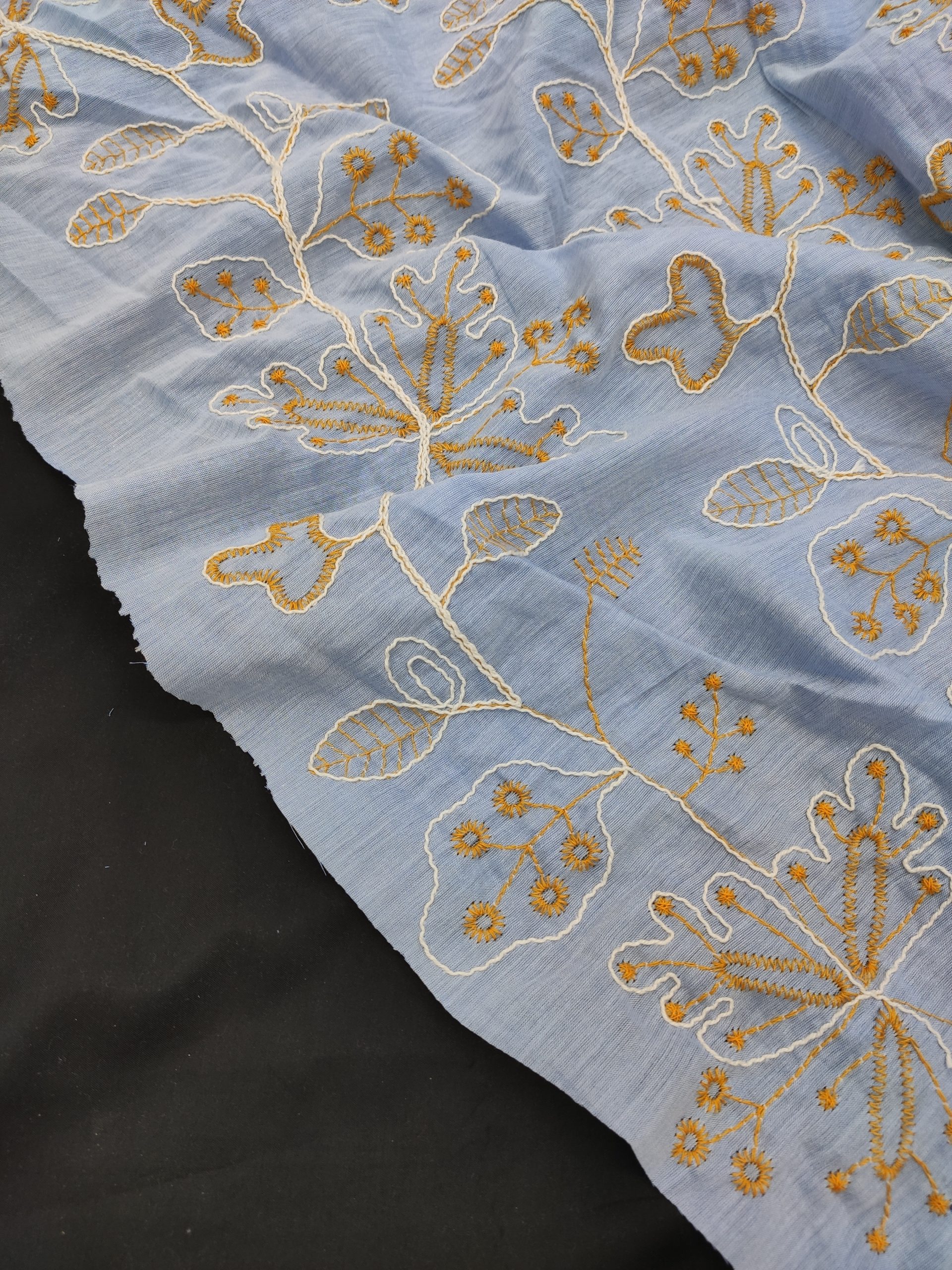 Sky Blue Cotton Fabric with Floral Yellow And White Thread Embroidery | Charu Creation - Image 2