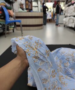 Sky Blue Cotton Fabric with Floral Yellow And White Thread Embroidery | Charu Creation