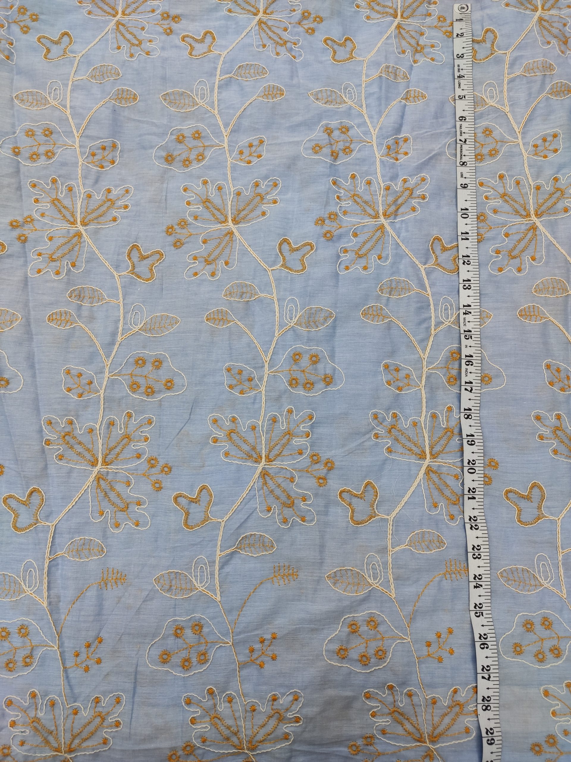 Sky Blue Cotton Fabric with Floral Yellow And White Thread Embroidery | Charu Creation - Image 3
