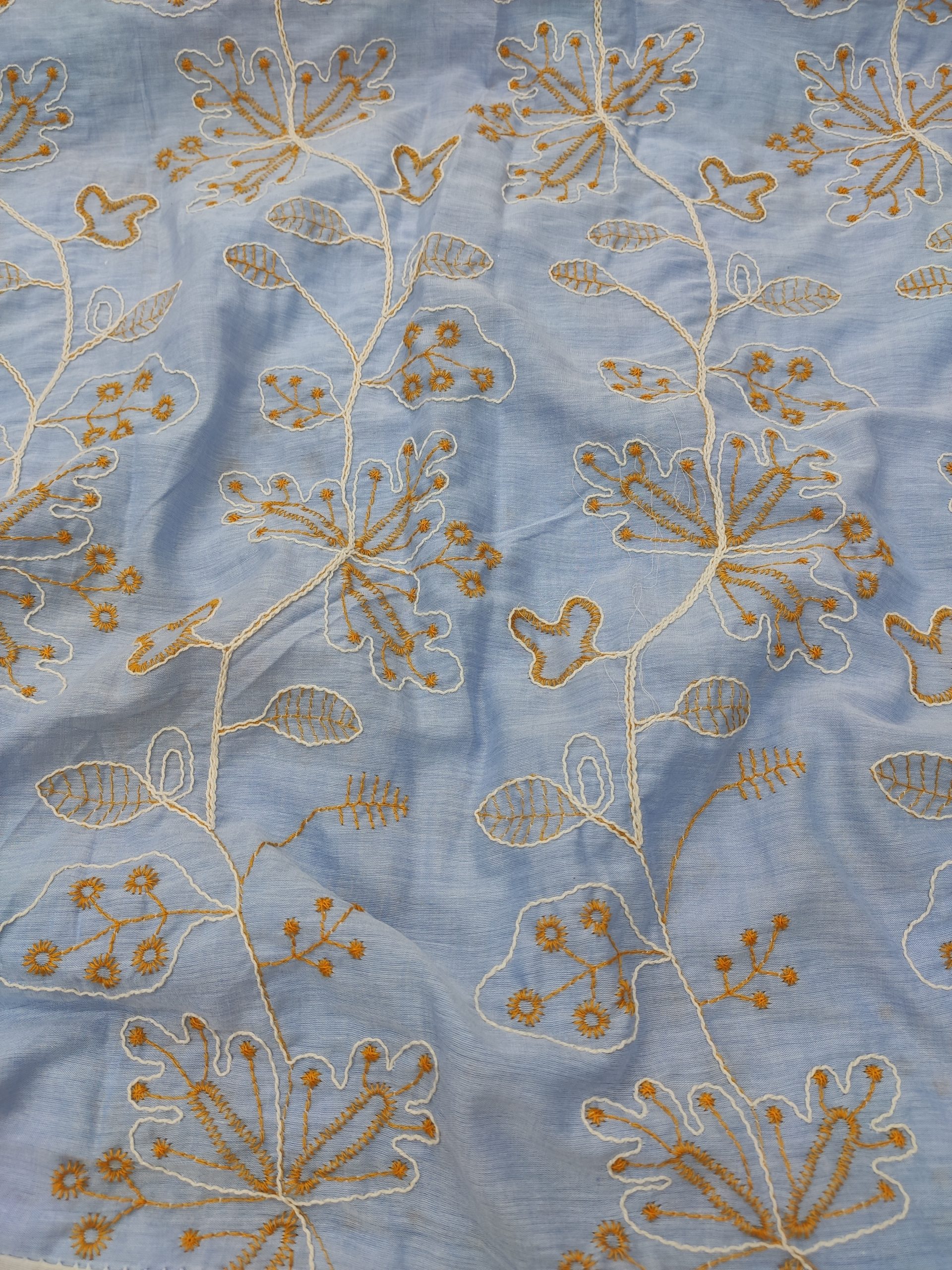 Sky Blue Cotton Fabric with Floral Yellow And White Thread Embroidery | Charu Creation - Image 4