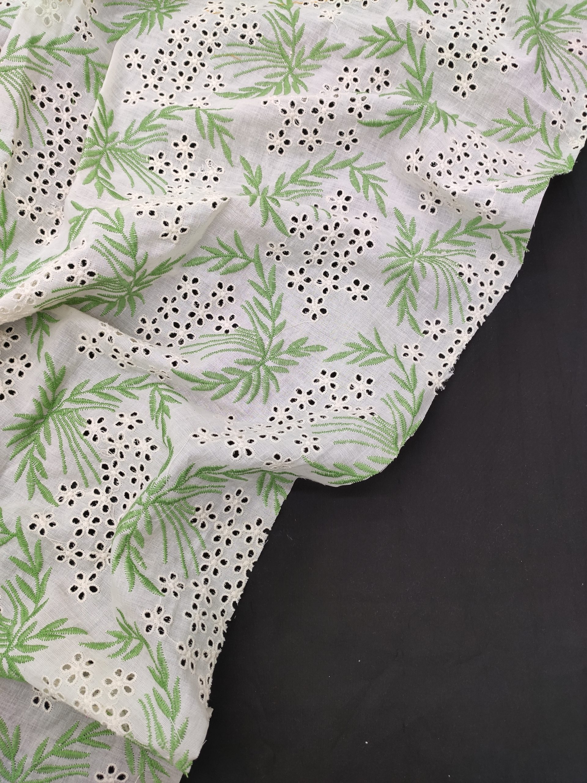 Off White Cotton Fabric with Green Floral Embroidery | Charu Creation - Image 2
