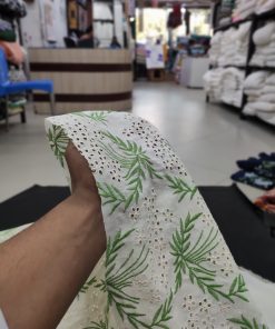 Off White Cotton Fabric with Green Floral Embroidery | Charu Creation