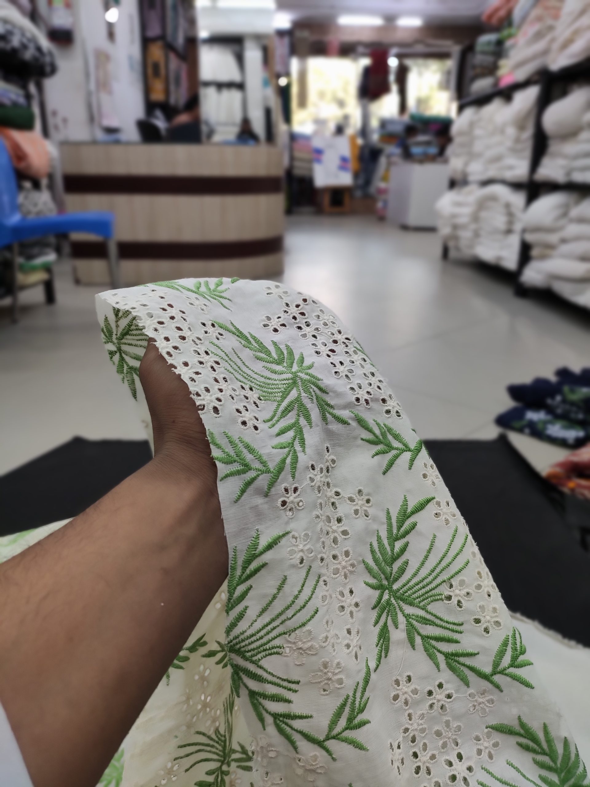 Off White Cotton Fabric with Green Floral Embroidery | Charu Creation