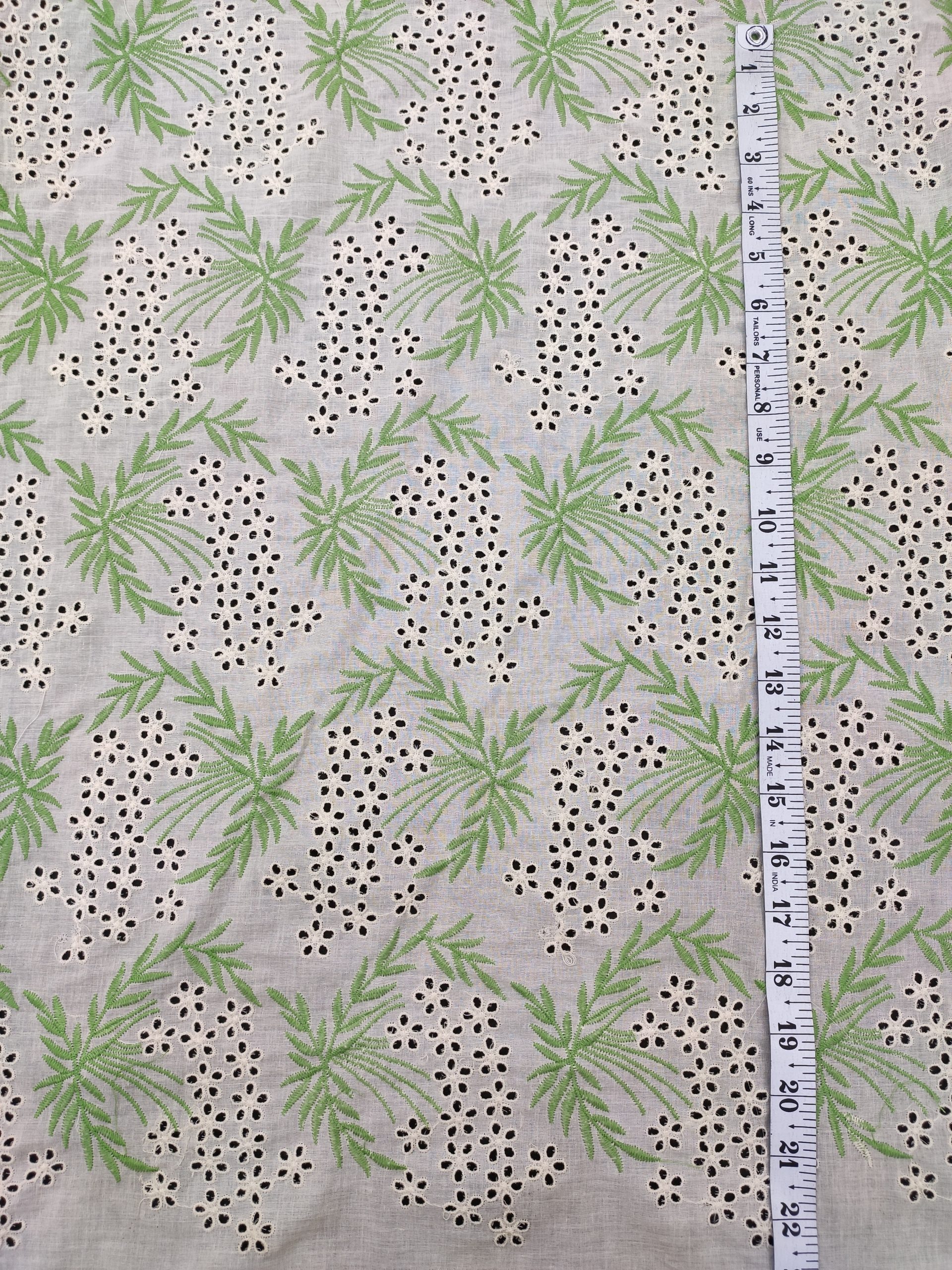 Off White Cotton Fabric with Green Floral Embroidery | Charu Creation - Image 3