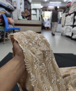 Beige Cotton Fabric with Abstract White Embroidery | Charu Creation