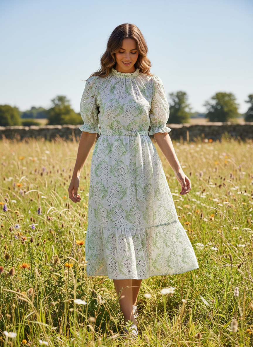 Off White Cotton Fabric with Green Floral Embroidery | Charu Creation - Image 5