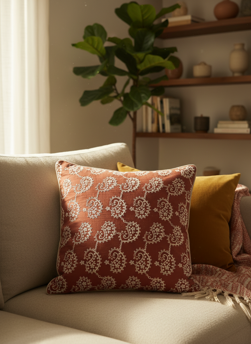 Rust Cotton Fabric with Off-White Paisley Embroidery | Charu Creation - Image 5
