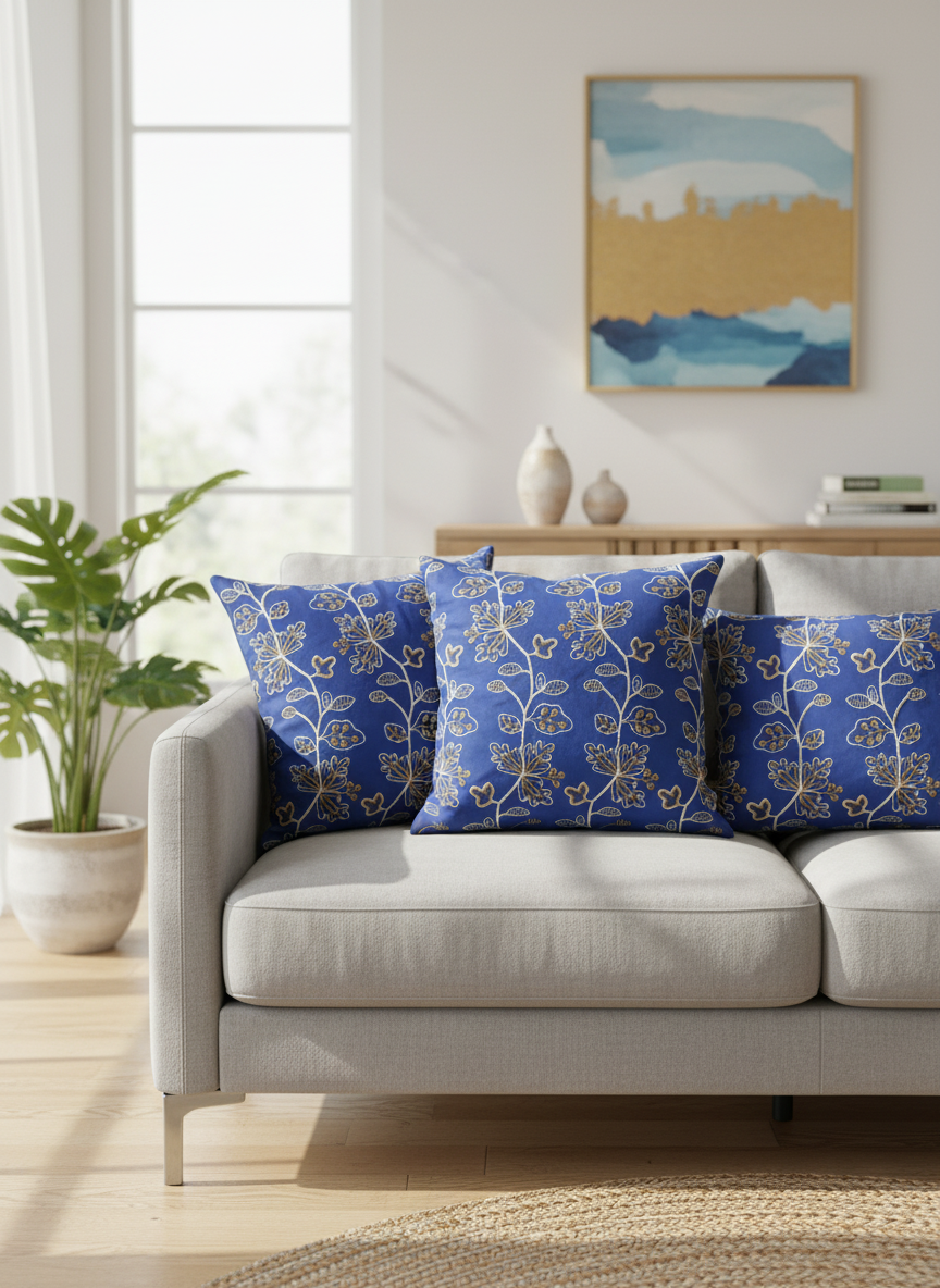 Blue Cotton Fabric with Floral Embroidery | Charu Creation - Image 4