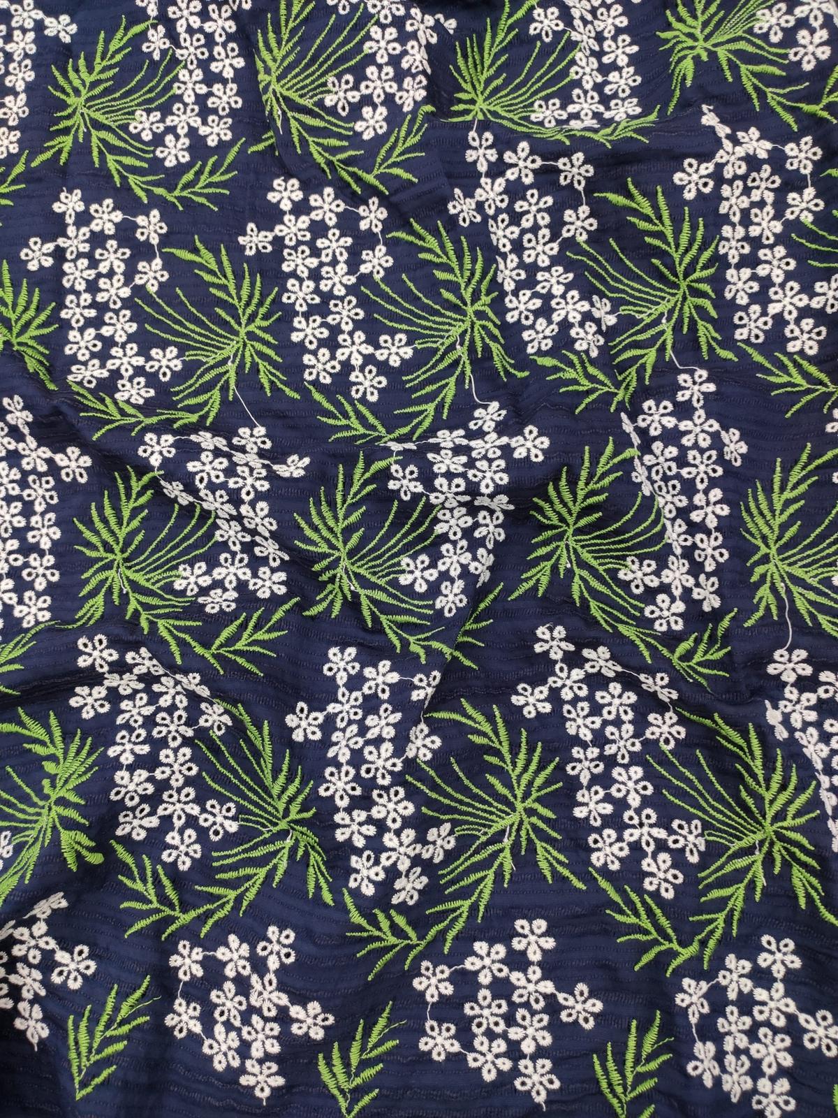 Navy Blue Nylon Viscose Dobby Fabric with All Over Floral Embroidery