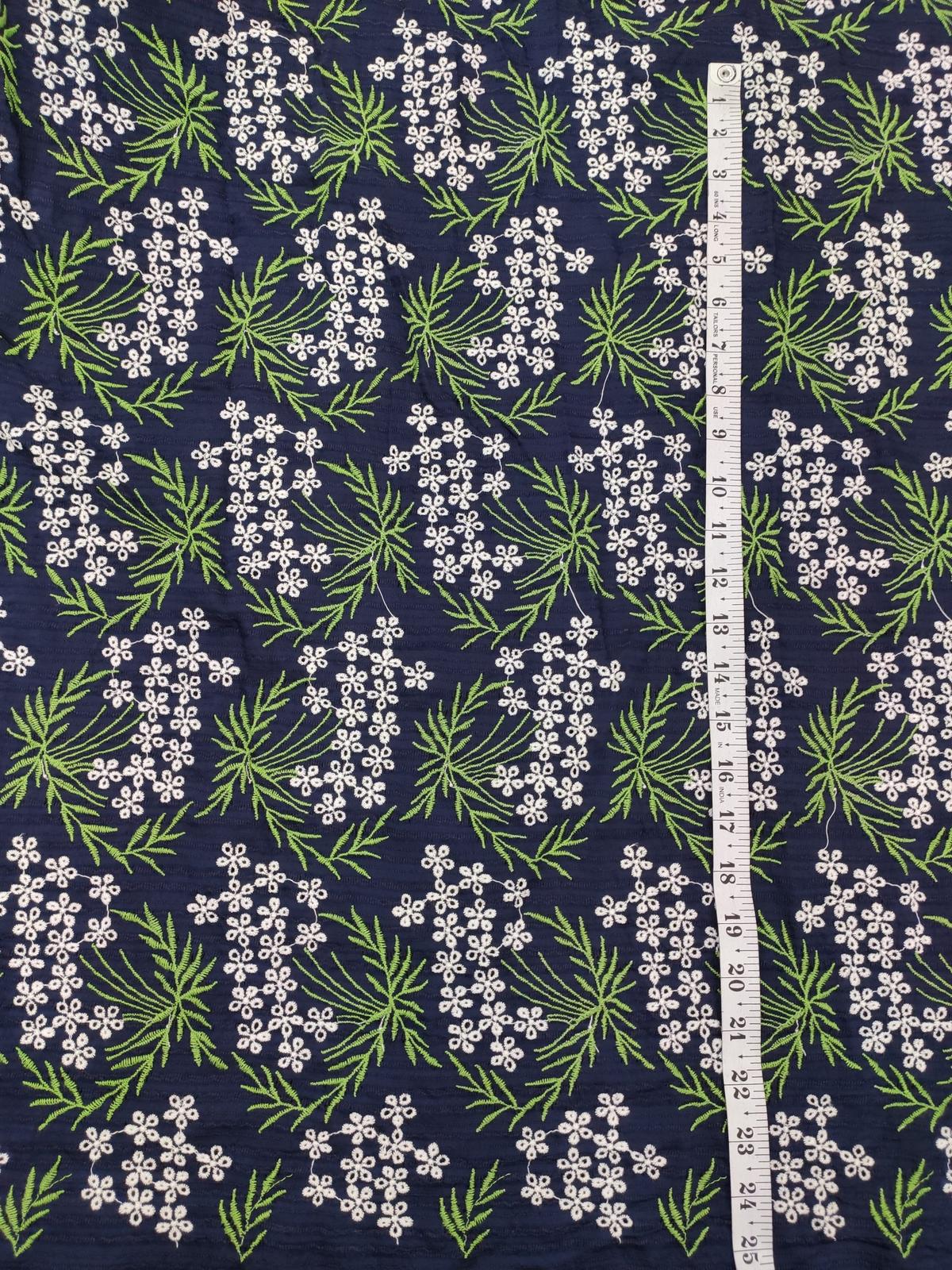 Navy Blue Nylon Viscose Dobby Fabric with All Over Floral Embroidery