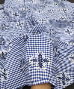 Blue Cotton Checks Fabric with Schiffli Embroidery