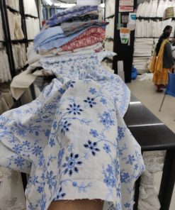 Off White Cotton Cambric with Blue Floral Embroidery | Charu Creation