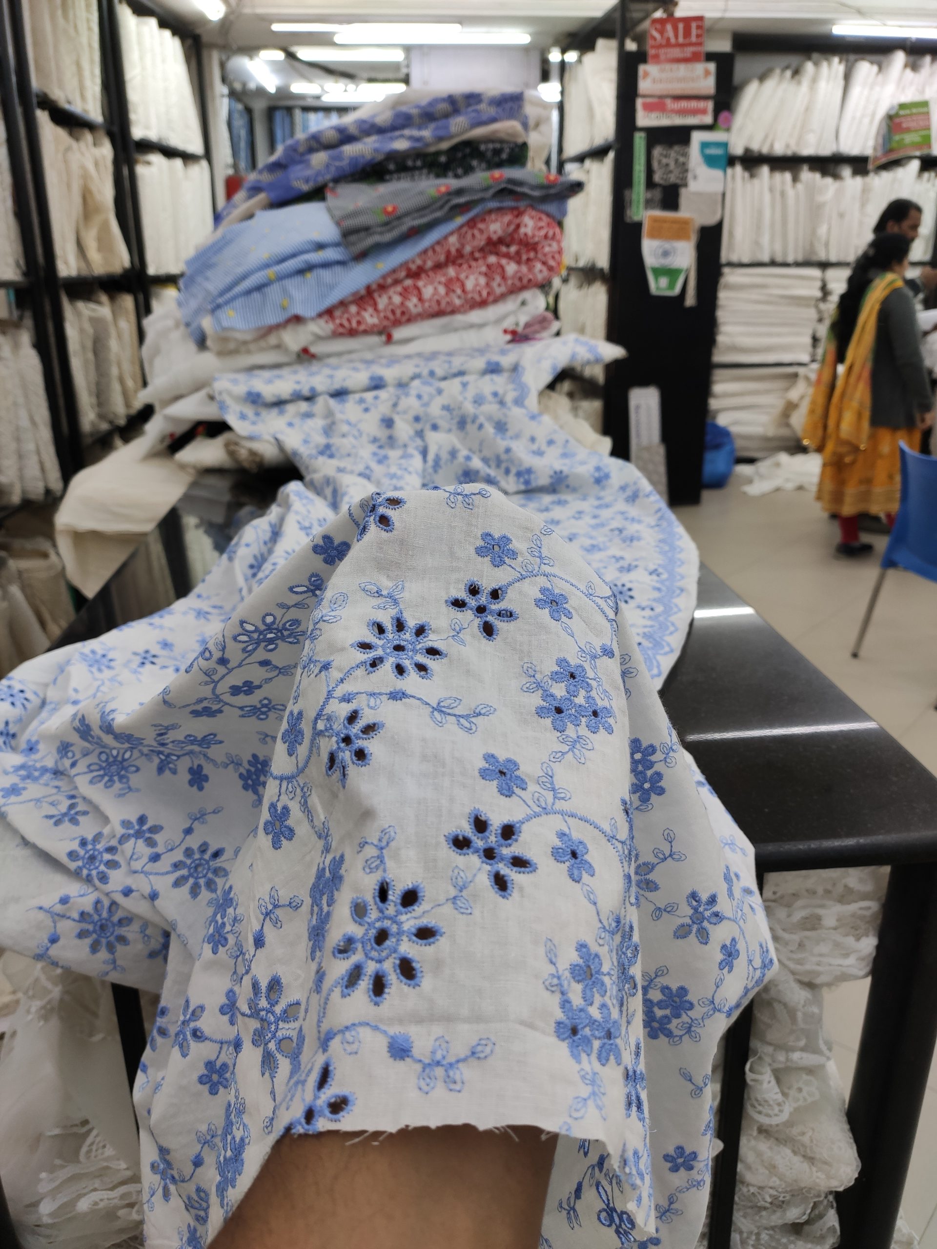 Off White Cotton Cambric with Blue Floral Embroidery | Charu Creation