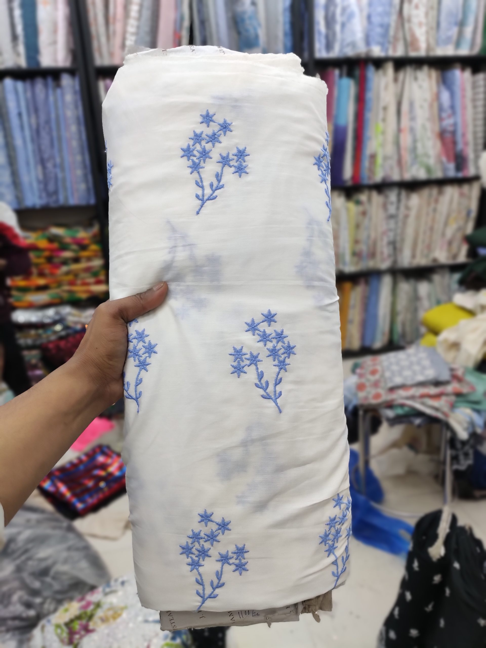 Off White Cotton Fabric with Blue Floral Butis | Charu Creation - Image 2