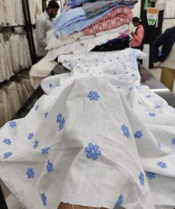 Off White Cotton Cambric with Blue Floral Embroidery | Charu Creation