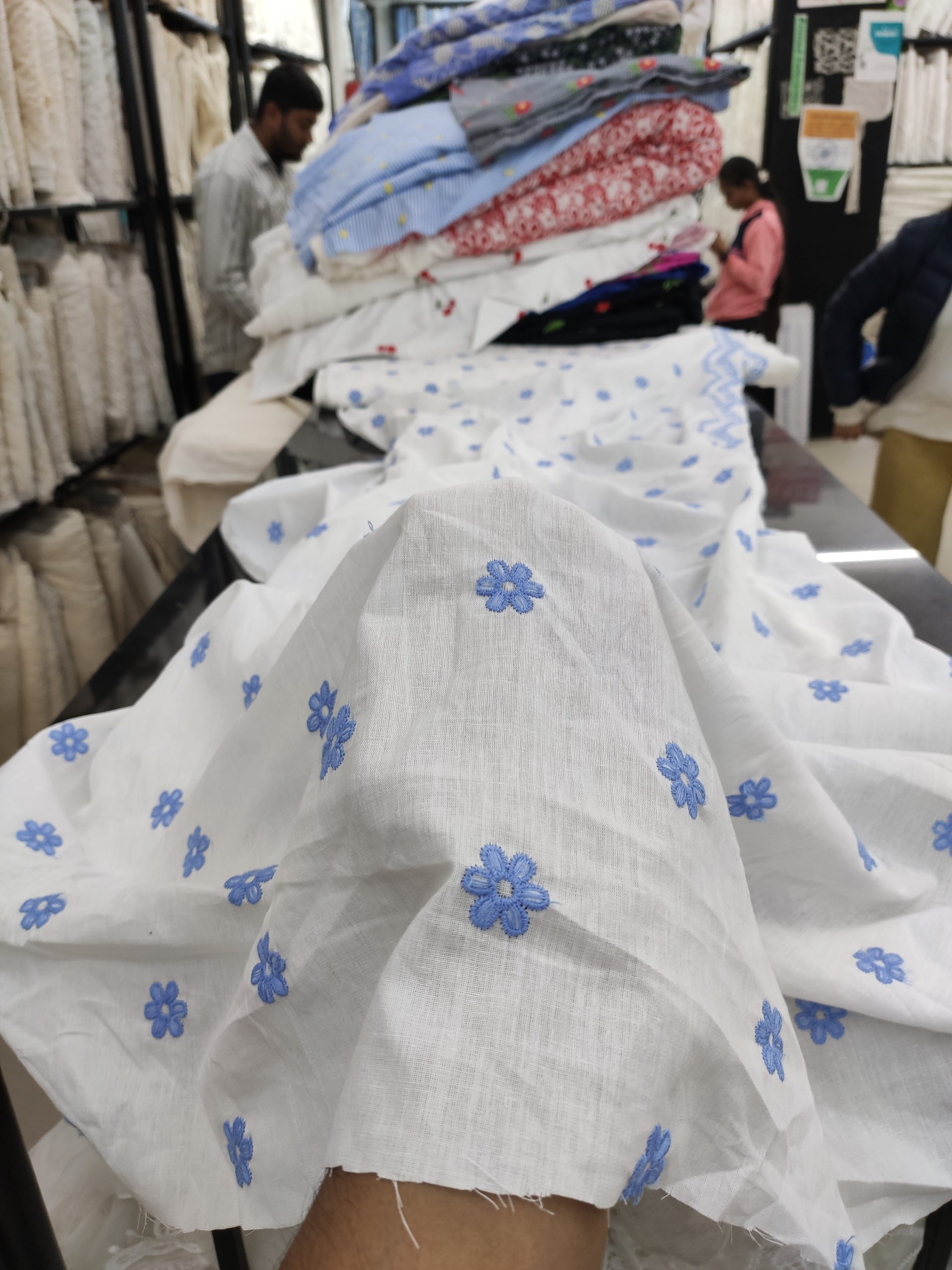 Off White Cotton Cambric with Blue Floral Embroidery | Charu Creation