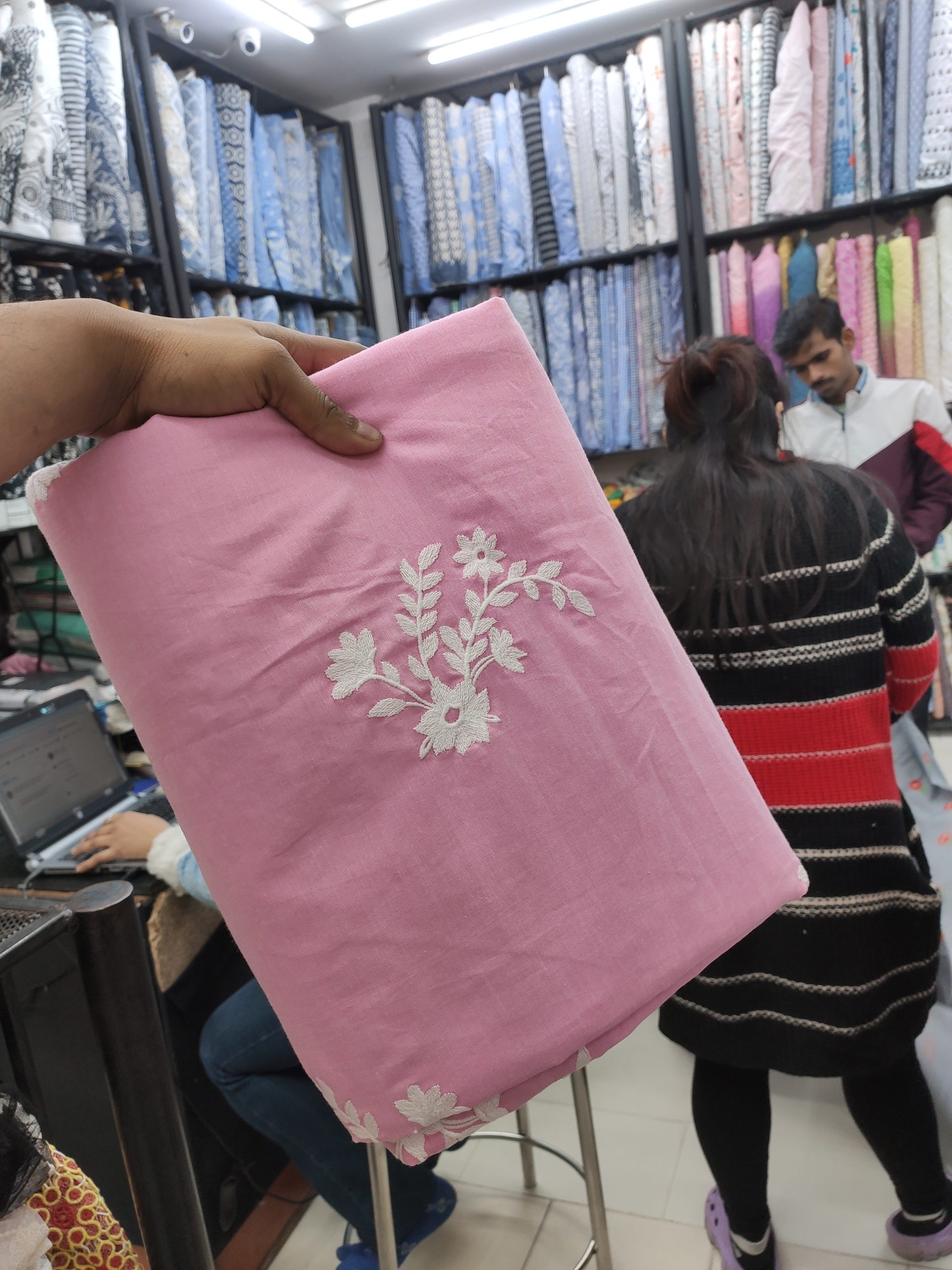 Pink Cotton Chambray with White Floral Embroidery | Charu Creation - Image 2