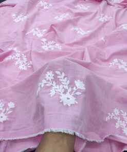 Pink Cotton Chambray with White Floral Embroidery | Charu Creation
