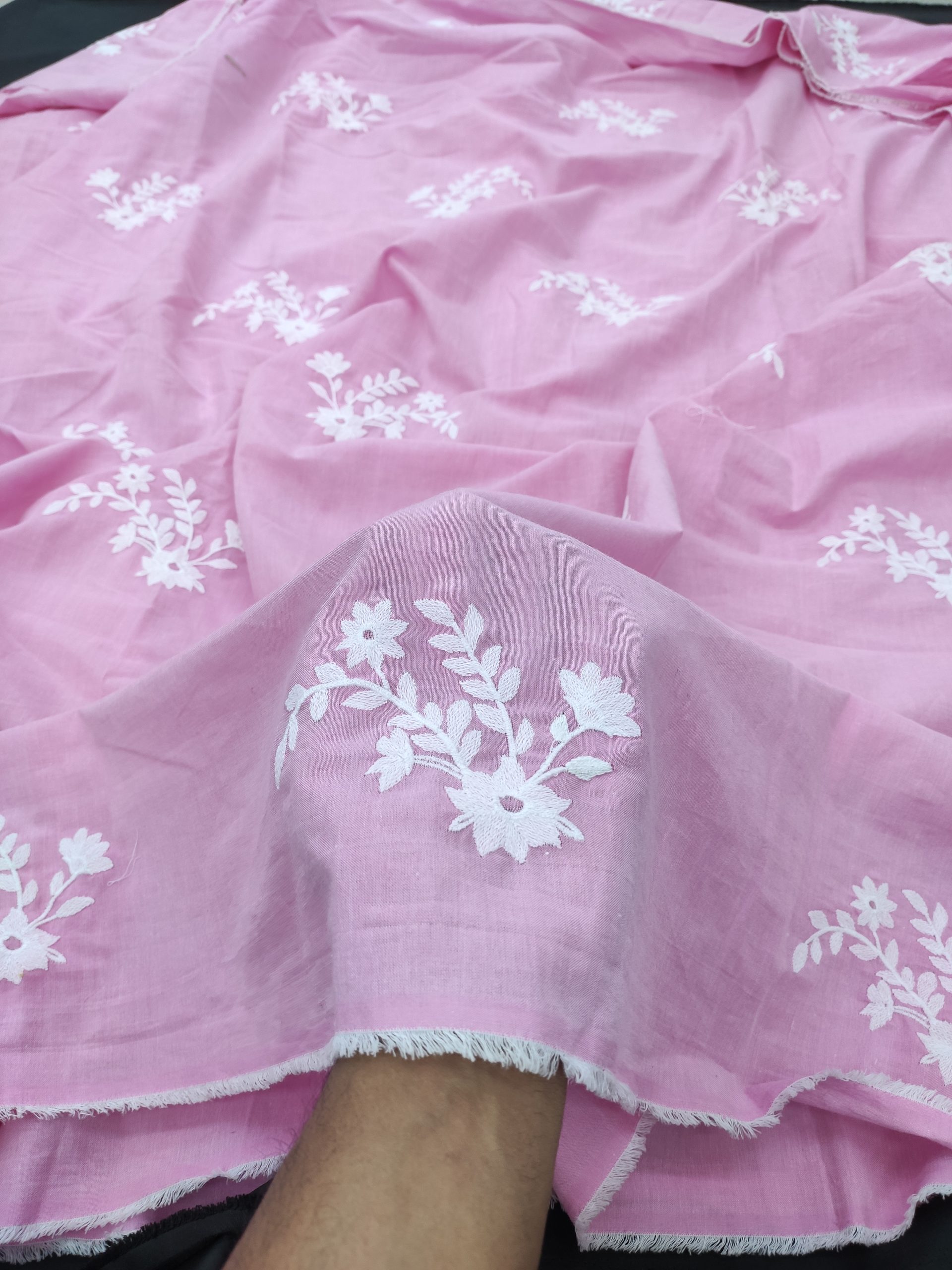 Pink Cotton Chambray with White Floral Embroidery | Charu Creation