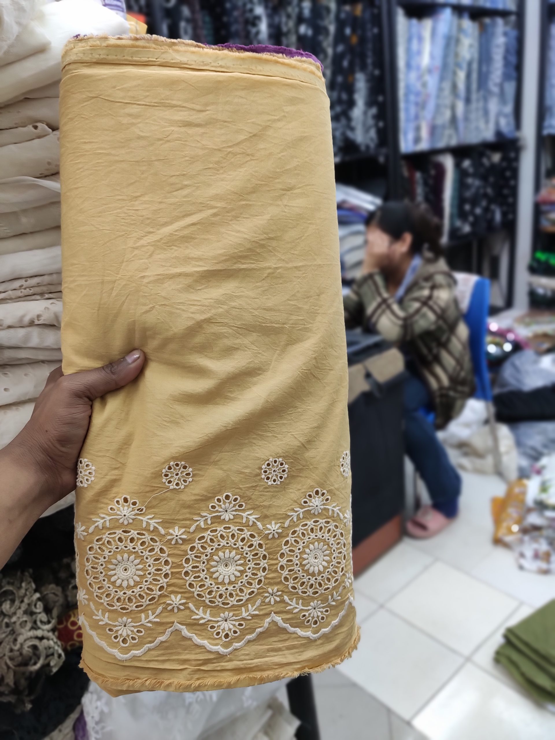 Beige Cotton Fabric with White Schiffli Border | Charu Creation - Image 2