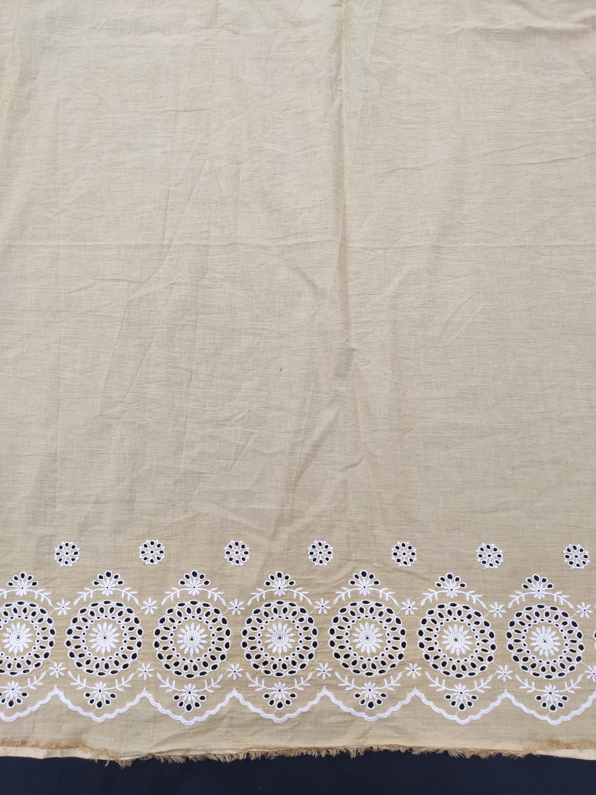Beige Cotton Fabric with White Schiffli Border | Charu Creation - Image 4