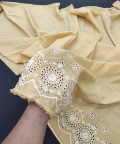 Beige Cotton Fabric with White Schiffli Border | Charu Creation