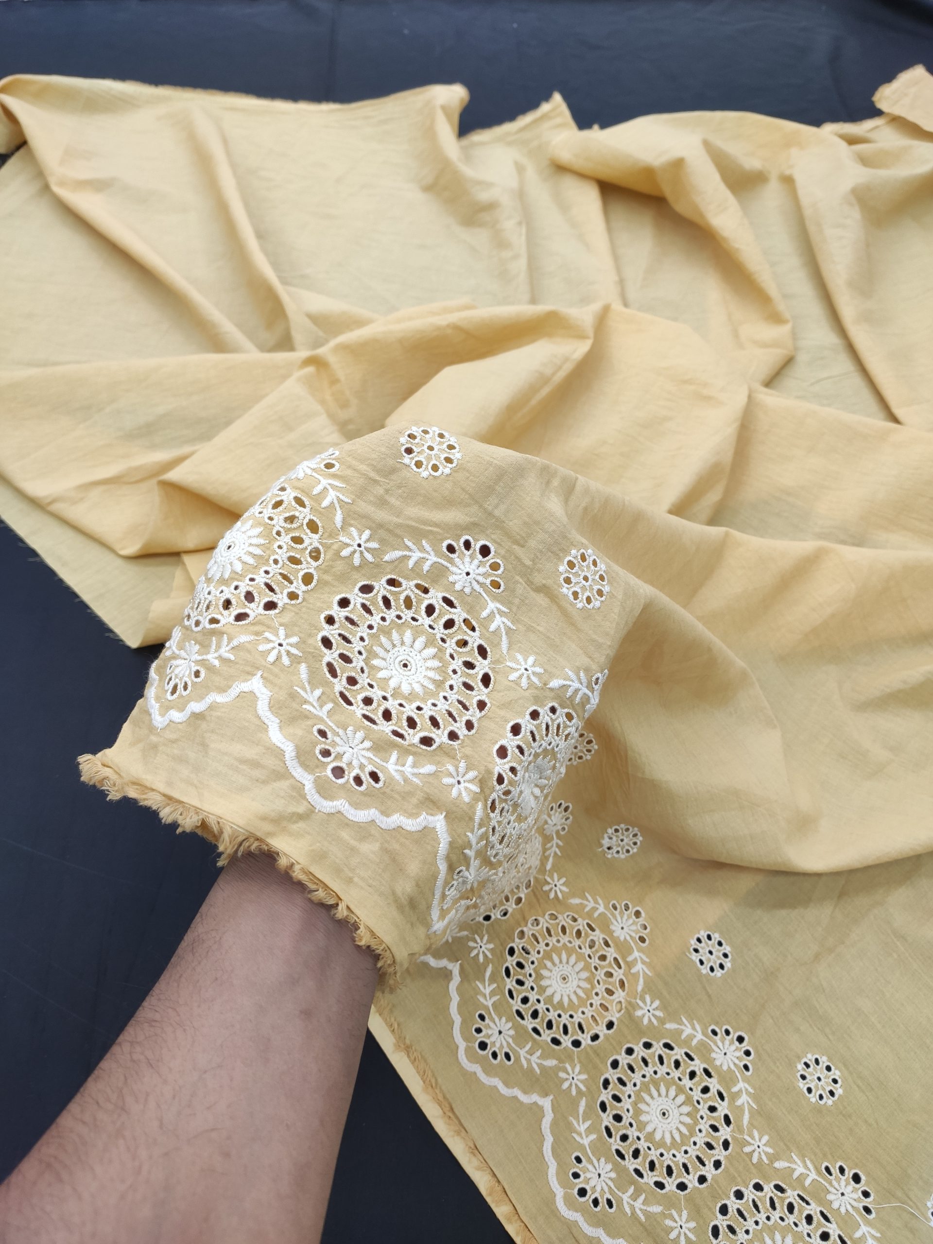 Beige Cotton Fabric with White Schiffli Border | Charu Creation